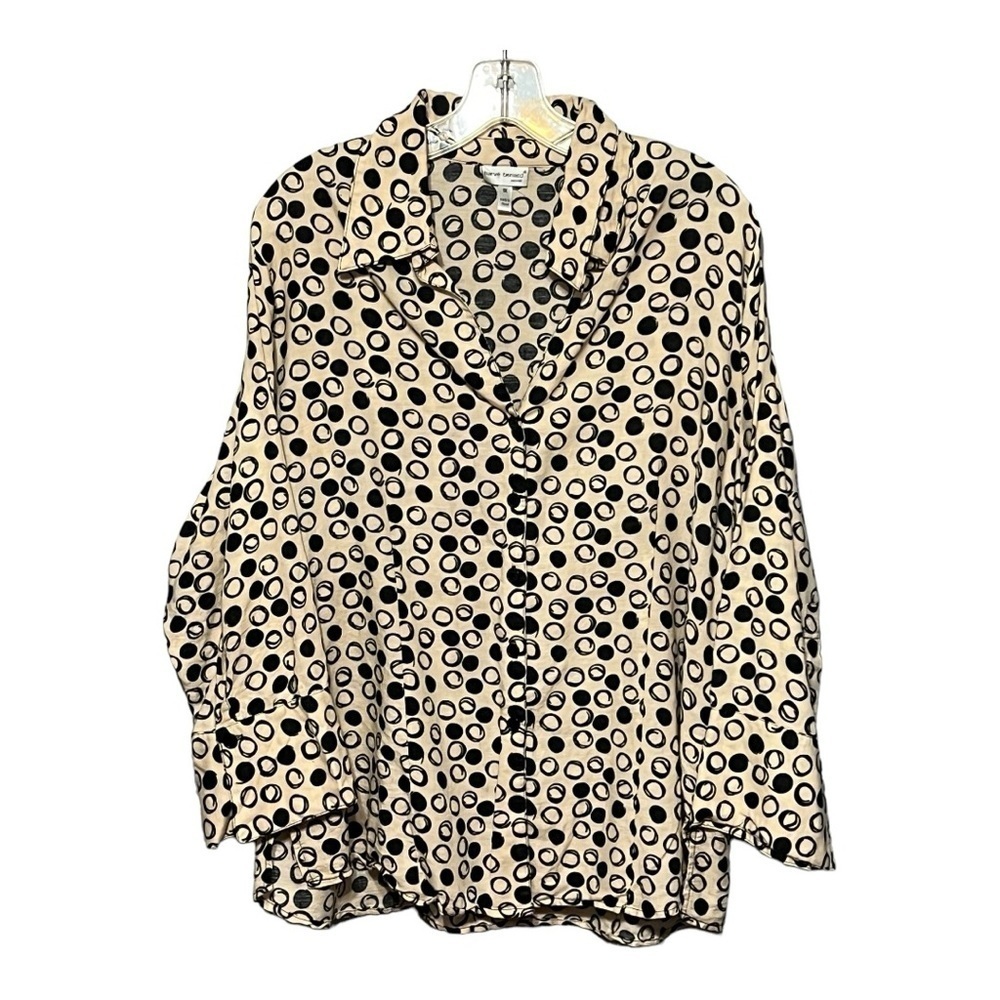 Harve’ Benard Plus Size 1X Tan Black Printed Linen-Cotton Button-Up Shirt